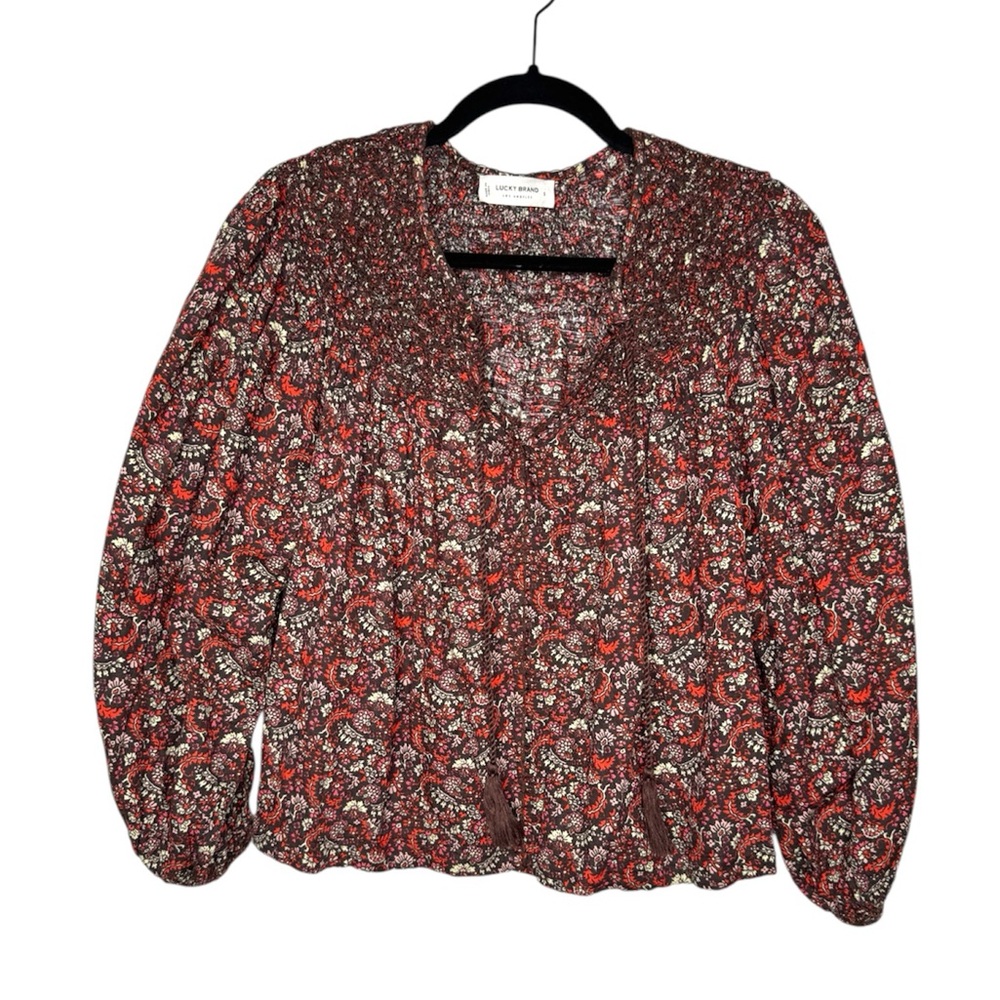 Lucky Brand Printed Smocked Peasant Blouse womens S cottagecore boho western - Picture 2 of 8